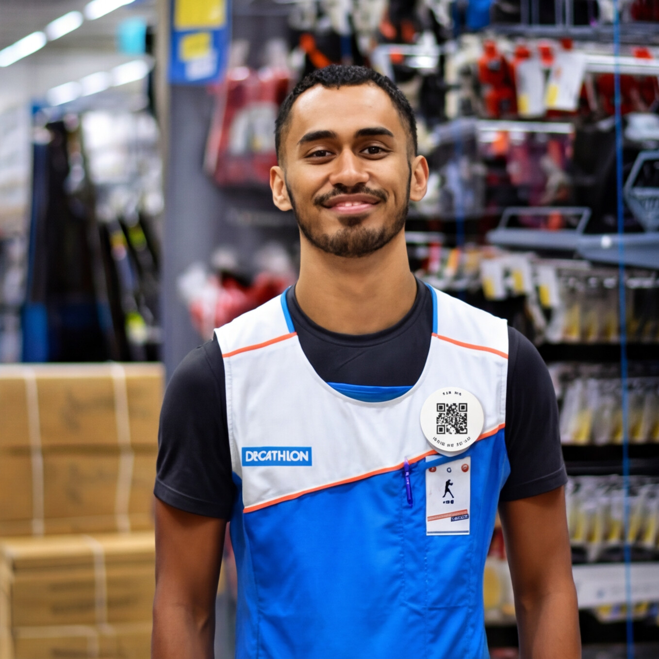 The Tink.you Chest Tipping Badge on a Decathlon employee