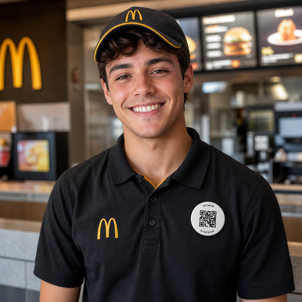 The Tink.you Chest Tipping Badge on a MacDonalds staff member