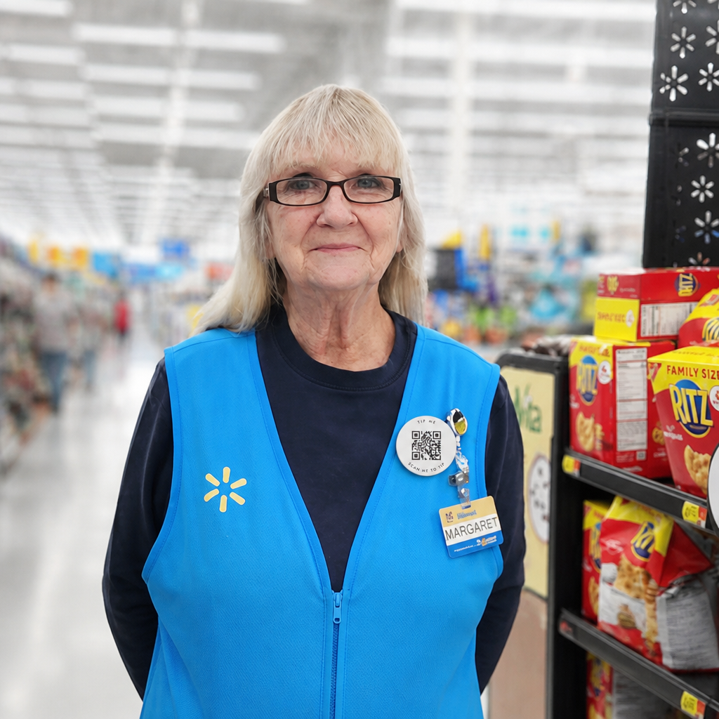 The Tink.you Chest Tipping Badge on a Wallmart employee
